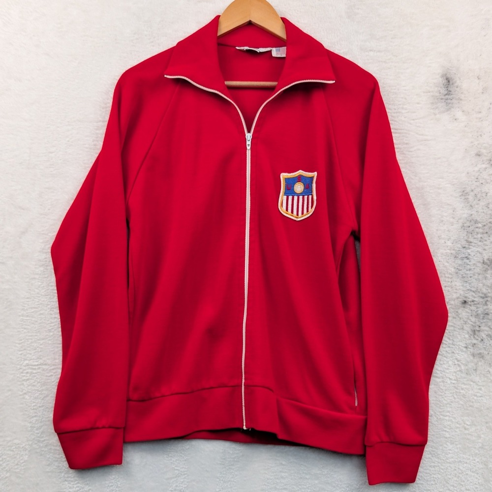 VTG Court Casuals Jacket Men's Large Red USA Shield Crest Full Zip Acrylic 70s